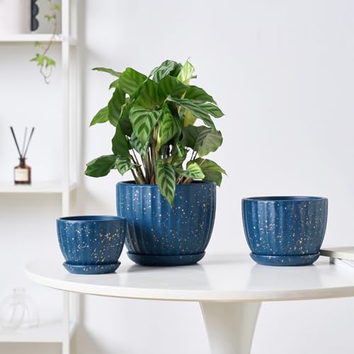 STHIE 4/5/6 Inches Ceramic Plant Pots with Drainage Holes and Saucers, Round Flower Pots for Indoor Plant, Modern Flower Planters Set of 3 (Blue with Dot-Big Size) - Image 4