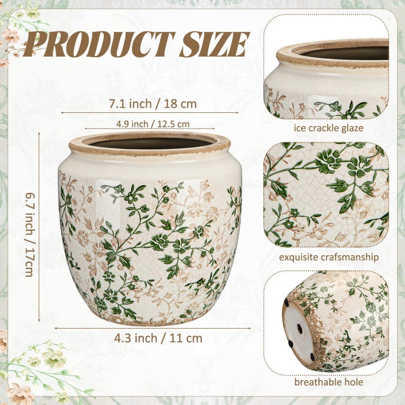 LemonRoad 7 Inch Large Vintage Ceramic Planter with Drainage Holes Ice Crackle Flower Vase Flower Pot with Rustic Greenery Pattern for Indoor Outdoor Plants Garden Home Kitchen Office Shelf Decor - Image 2