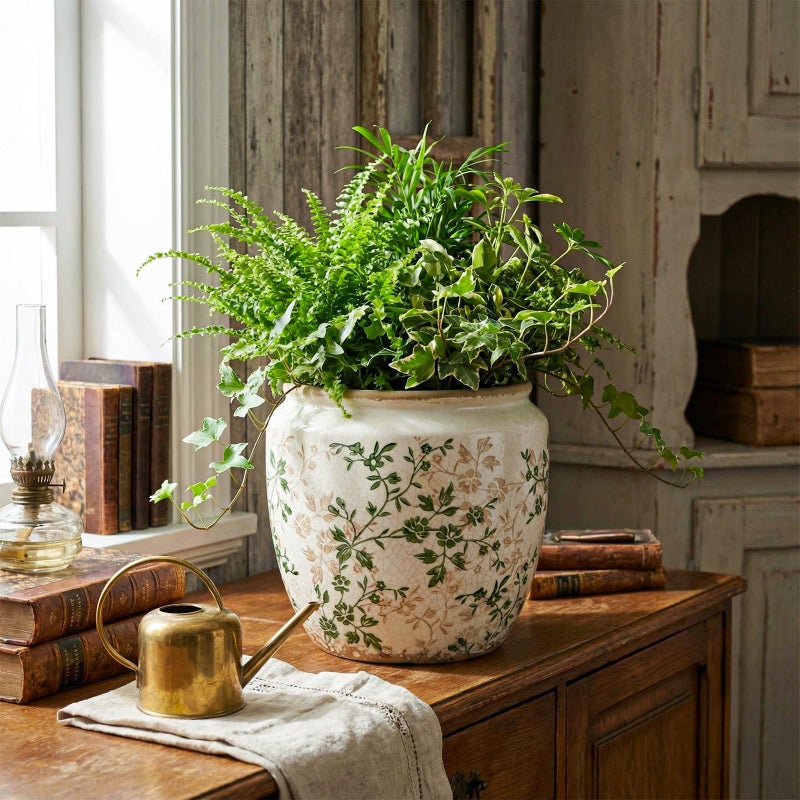 LemonRoad 7 Inch Large Vintage Ceramic Planter with Drainage Holes Ice Crackle Flower Vase Flower Pot with Rustic Greenery Pattern for Indoor Outdoor Plants Garden Home Kitchen Office Shelf Decor - Image 4