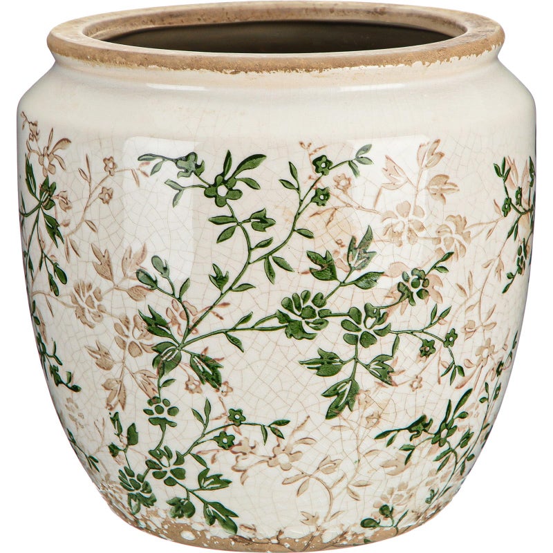 LemonRoad 7 Inch Large Vintage Ceramic Planter with Drainage Holes Ice Crackle Flower Vase Flower Pot with Rustic Greenery Pattern for Indoor Outdoor Plants Garden Home Kitchen Office Shelf Decor - Image 1