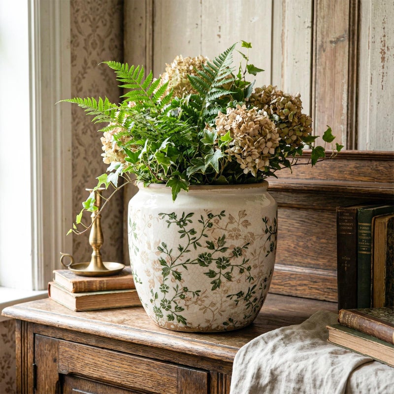 LemonRoad 7 Inch Large Vintage Ceramic Planter with Drainage Holes Ice Crackle Flower Vase Flower Pot with Rustic Greenery Pattern for Indoor Outdoor Plants Garden Home Kitchen Office Shelf Decor - Image 5