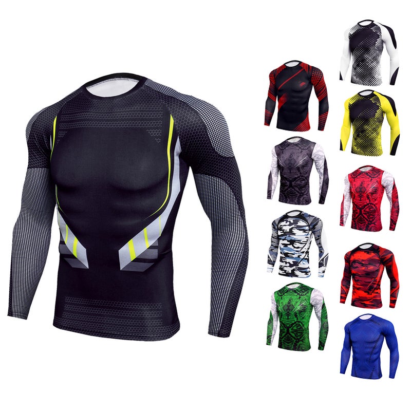 Men Long Sleeve Shirts O-neck Raglan Printed Stretchy Quick-dry Sports Tees Running Athletes Casual Tops - Image 3