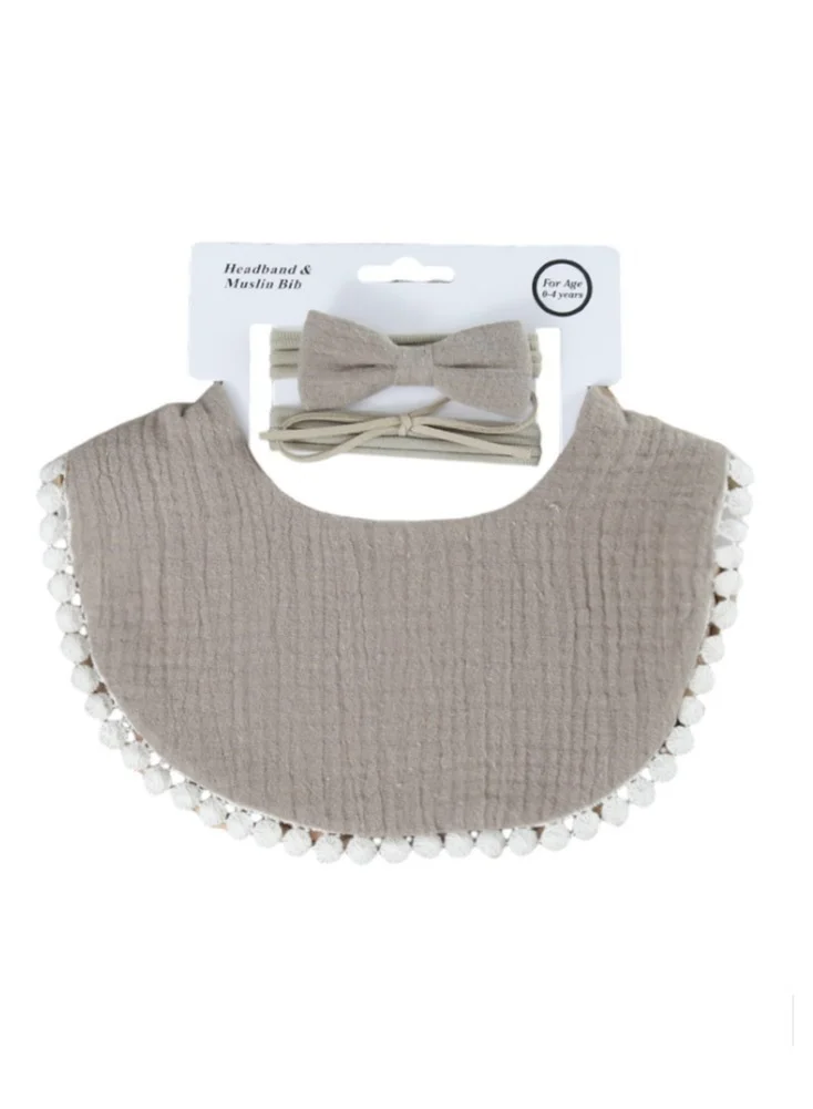 Bambimici Sophia Set Of Baby Bib And Ribbon Headband Brown