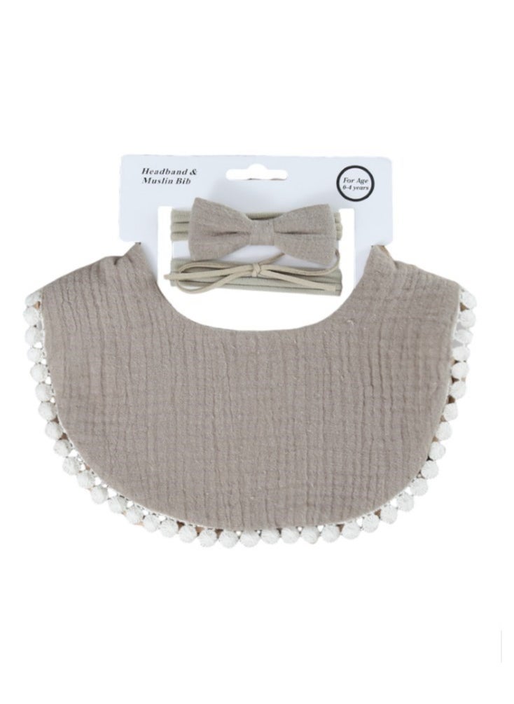 Bambimici Bambimici -Sophia  Set of Baby Bib and Ribbon Headband - Brown  - Image 2