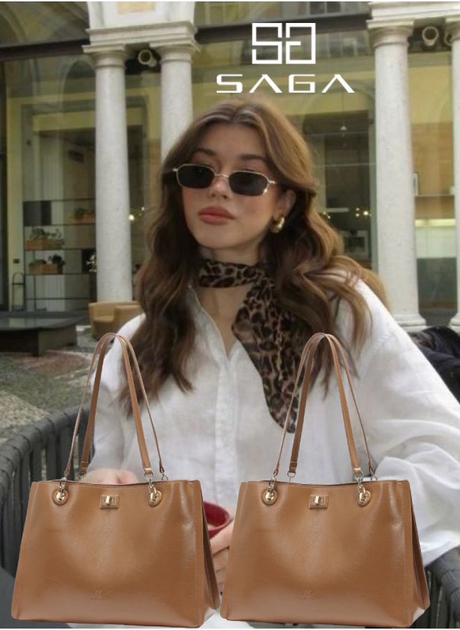 SAGA 2 Pieces Warmth of elegance Classic caramel brown wide tote bag  - Image 1