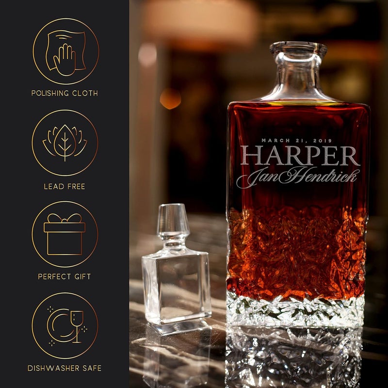 Amazing Items Personalized 5 pc Whiskey Decanter Set - 9 Design Options - Limited Edition, Custom Liquor Decanter | 27 oz, 800ml Decanter w/ 4pcs Whiskey Glass Set #2 Exquisite Rectangular - Image 4