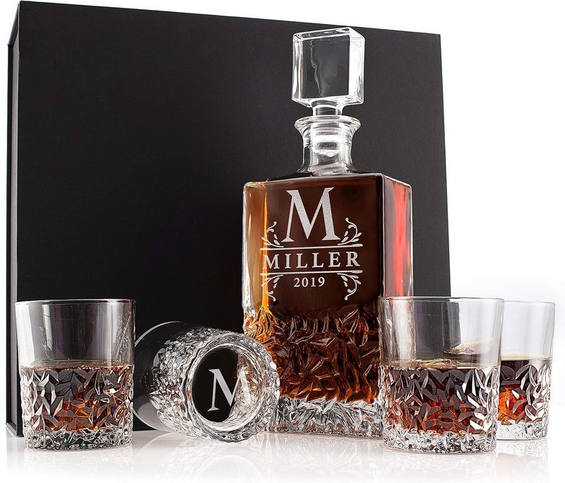 Amazing Items Personalized 5 pc Whiskey Decanter Set - 9 Design Options - Limited Edition, Custom Liquor Decanter | 27 oz, 800ml Decanter w/ 4pcs Whiskey Glass Set #2 Exquisite Rectangular - Image 1
