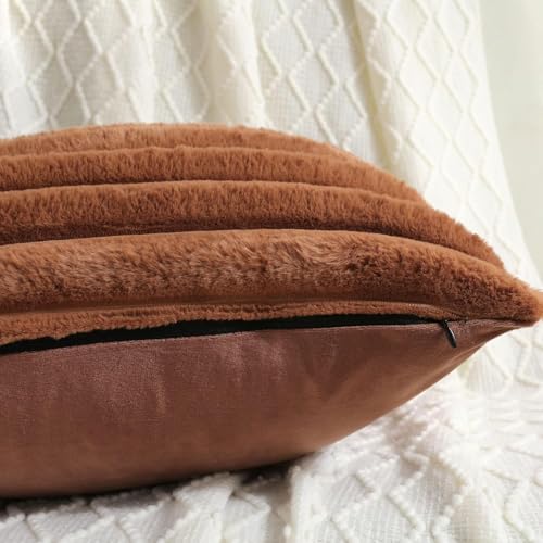 AEROHAVEN™ Premium Faux Rabbit Fur Plush Luxury Soft Fluffy Striped Decorative Sham/Breakfast Throw Pillow/Cushion Covers for Sofa, Couch, Living Room - CC283 - (2, Brown, 12 x 18 Inch) - Image 4