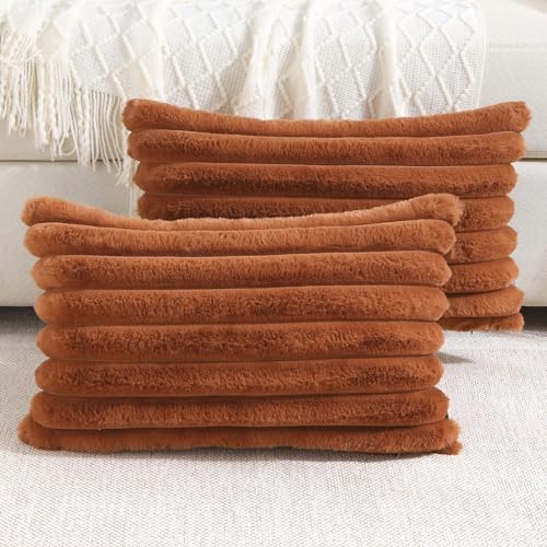 AEROHAVEN™ Premium Faux Rabbit Fur Plush Luxury Soft Fluffy Striped Decorative Sham/Breakfast Throw Pillow/Cushion Covers for Sofa, Couch, Living Room - CC283 - (2, Brown, 12 x 18 Inch) - Image 1