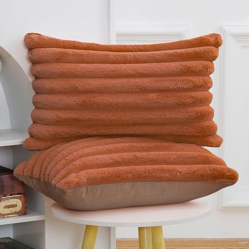 AEROHAVEN™ Premium Faux Rabbit Fur Plush Luxury Soft Fluffy Striped Decorative Sham/Breakfast Throw Pillow/Cushion Covers for Sofa, Couch, Living Room - CC283 - (2, Brown, 12 x 18 Inch) - Image 2