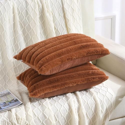 AEROHAVEN™ Premium Faux Rabbit Fur Plush Luxury Soft Fluffy Striped Decorative Sham/Breakfast Throw Pillow/Cushion Covers for Sofa, Couch, Living Room - CC283 - (2, Brown, 12 x 18 Inch) - Image 3