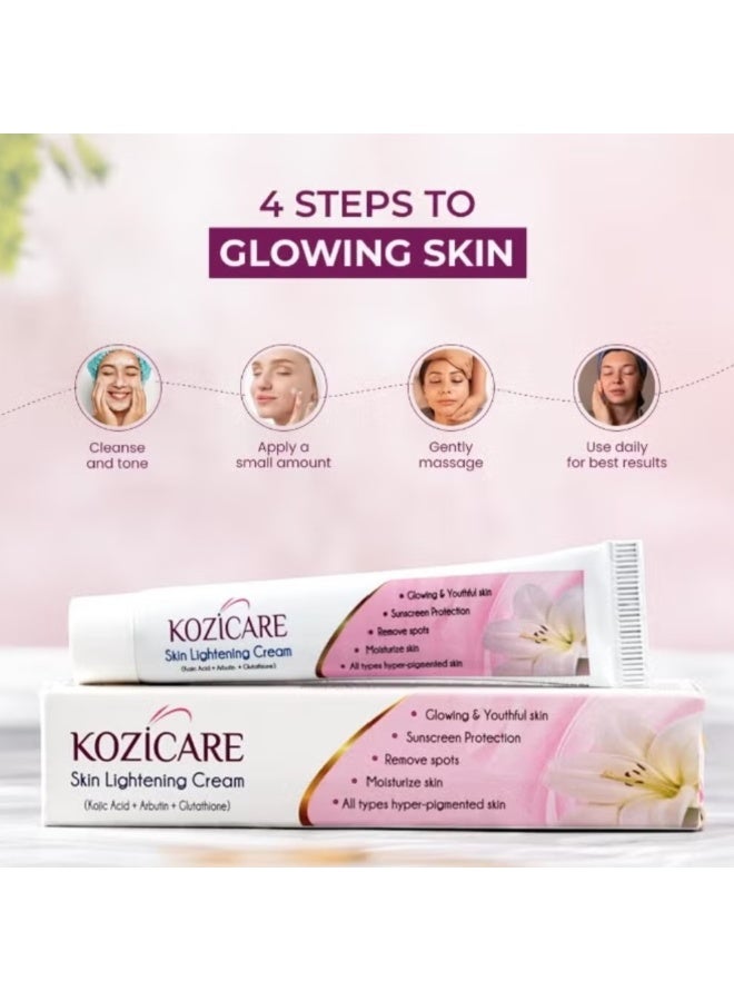 Kozicare Skin Lightening Non-Sticky Cream Lotion | Enriched with 3% Kojic Acid, 1% Alpha Arbutin, 1% Glutathione, 2% Niacinamide, 2% Vitamin C | Best for Melasma, Pigmentation, Dark/Age Spots, Uneven Skin Shade - 15gm (New Formula) - Image 4