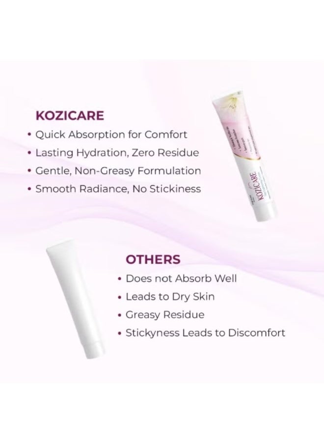 Kozicare Skin Lightening Non-Sticky Cream Lotion | Enriched with 3% Kojic Acid, 1% Alpha Arbutin, 1% Glutathione, 2% Niacinamide, 2% Vitamin C | Best for Melasma, Pigmentation, Dark/Age Spots, Uneven Skin Shade - 15gm (New Formula) - Image 3
