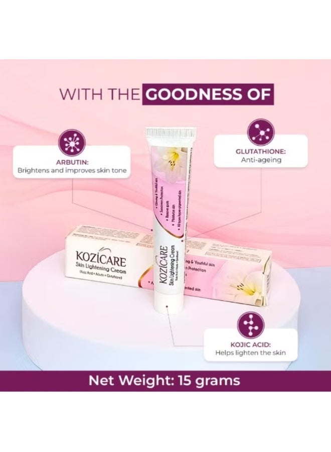 Kozicare Skin Lightening Non-Sticky Cream Lotion | Enriched with 3% Kojic Acid, 1% Alpha Arbutin, 1% Glutathione, 2% Niacinamide, 2% Vitamin C | Best for Melasma, Pigmentation, Dark/Age Spots, Uneven Skin Shade - 15gm (New Formula) - Image 2