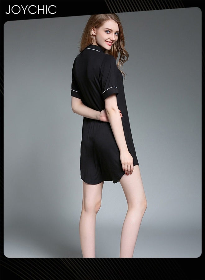 Joychic Classic Spring and Summer Pajamas Modal Smooth and Comfoty Loose Women's Nightgown Casual Shirt Collar Short-sleeved Long Homeclothes Loungewear Black - Image 3
