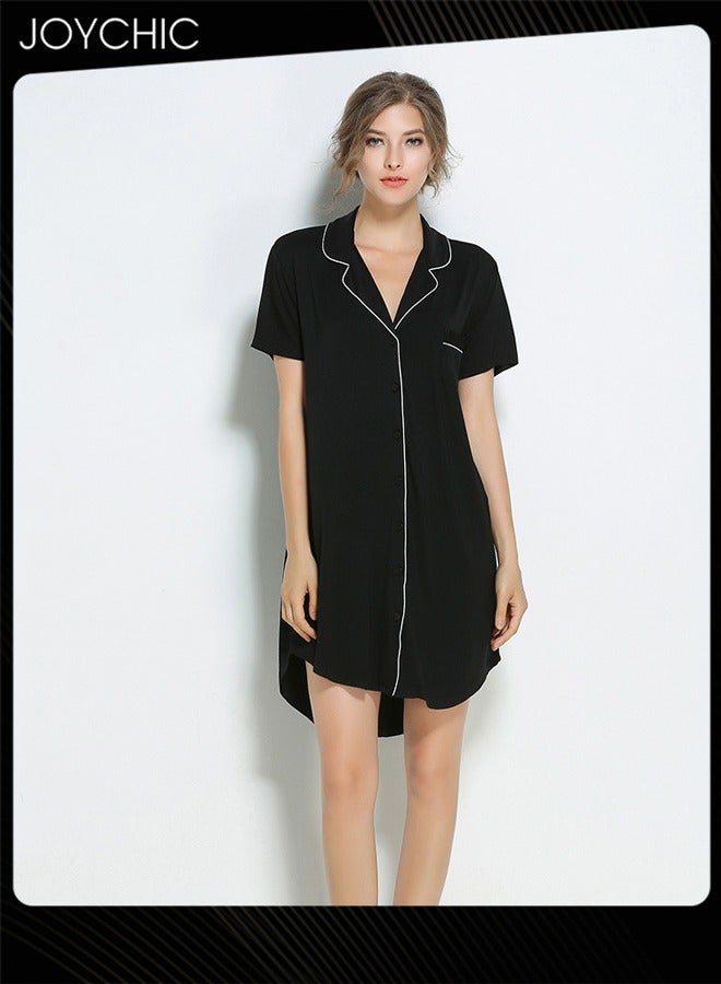 Joychic Classic Spring and Summer Pajamas Modal Smooth and Comfoty Loose Women's Nightgown Casual Shirt Collar Short-sleeved Long Homeclothes Loungewear Black - Image 1