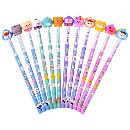 FunBlast Cartoon Pencil with 3D Animal Topper - Pack of 12, Fancy Pencils with Cute Animal Erasers, Kawaii Pencils for Kids, Birthday Return Gift for Kids (Multicolor) - Image 1
