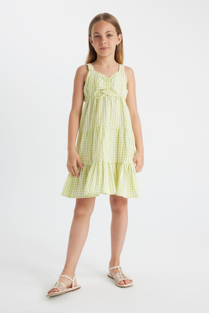 ديفاكتو فستان بناتي كاروهات أخضر بحمالات - Image 1