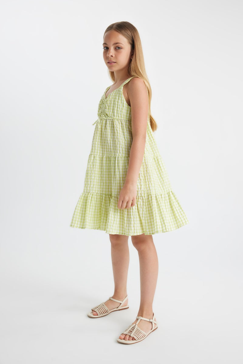 ديفاكتو فستان بناتي كاروهات أخضر بحمالات - Image 2