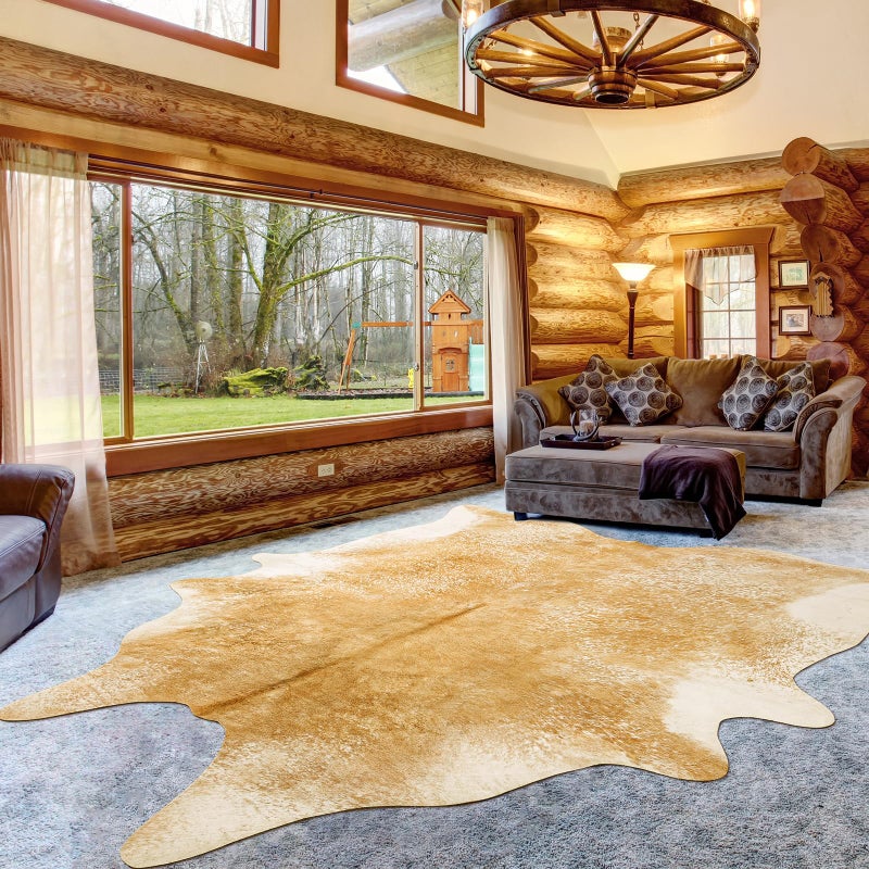 Rtizon Cow Hide Rug for Living Room Washable Cowhide Rug Large Faux Animal Skin Rugs NonSlip Cow Print Area Rugs 5x6 Feet Cowhide Rugs for Bedroom Office Kitchen Fireplace Khaki