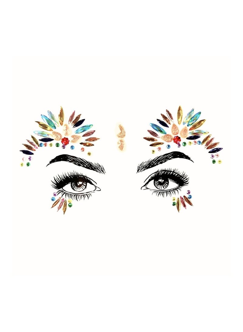 جواهر وجه فاخرة متعددة الألوان ذات لصق ذاتي – مجوهرات وجه مُعدة مسبقًا من الأكريليك مع كريستالات براقة | ملصقات مكياج للمهرجانات قابلة للتطبيق بسرعة للحفلات، والعروض المسرحية، وكوسبلاي، والحفلات الموسيقية، والهالوين، والحفلات، وإطلالات الجمال الإبداعية | تبدو مذهلة على البشرة. - Image 1