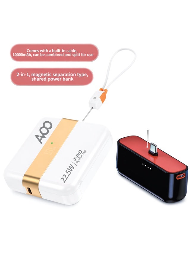 أفو باور بنك 2 في 1 شحن متنقل صغير وخفيف بسعة 10000mAh، شحن سريع 22.5W بتقنية PD، مع كيبل آيفون وتايب سي مدمجين – بطارية متنقلة متوافقة مع الآيفون وسامسونج وأجهزة أندرويد، بلون أبيض أنيق. - Image 5