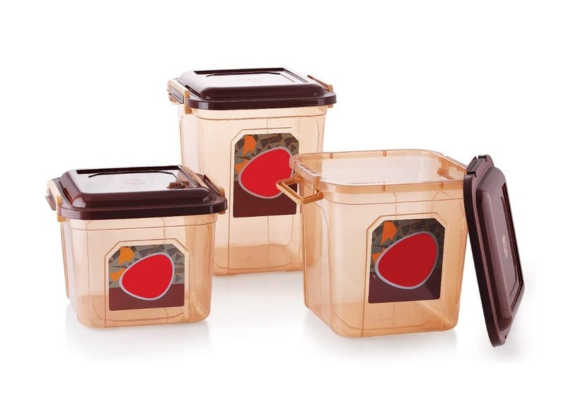GALOOF Kitchen Storage Container Set With Lid And Lock System Food And Grain Storage Jar Set Of 3 Cereal Container Set Of 3 14 L 17 L 21 L Transparent Containers Set BROWN - Image 2