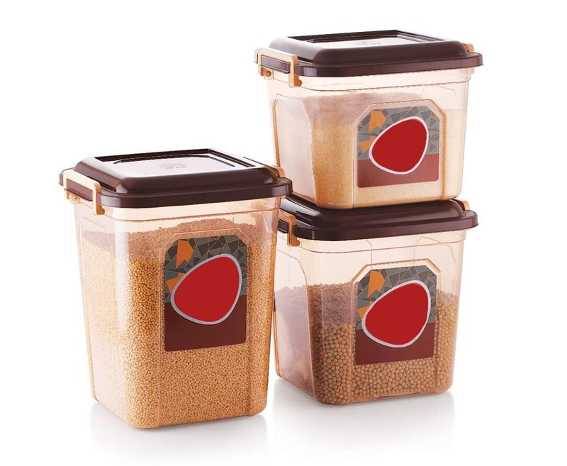 GALOOF Kitchen Storage Container Set With Lid And Lock System Food And Grain Storage Jar Set Of 3 Cereal Container Set Of 3 14 L 17 L 21 L Transparent Containers Set BROWN - Image 1