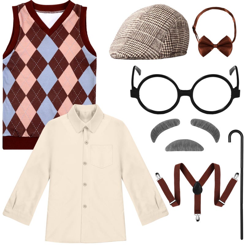Liitrsh Liitrsh 9 Pcs Old Man Costume Grandpa Costume 100 Days of School Beret Vest Shirt Eyeglass Halloween Outfit for Cosplay1314 Years 