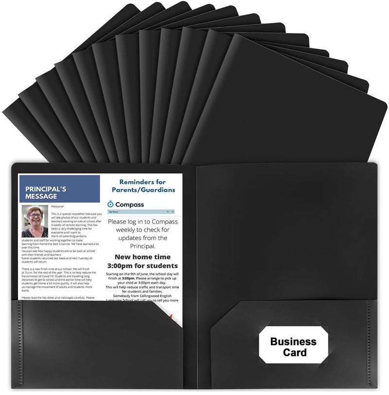 HABGP12 Pack Black File Folders with Pockets and Business Card Slot, Letter Size Plastic 2 Pocket Folders for Documents, Office Filing Cabinet Folders, School Supplies for College Students - Image 1