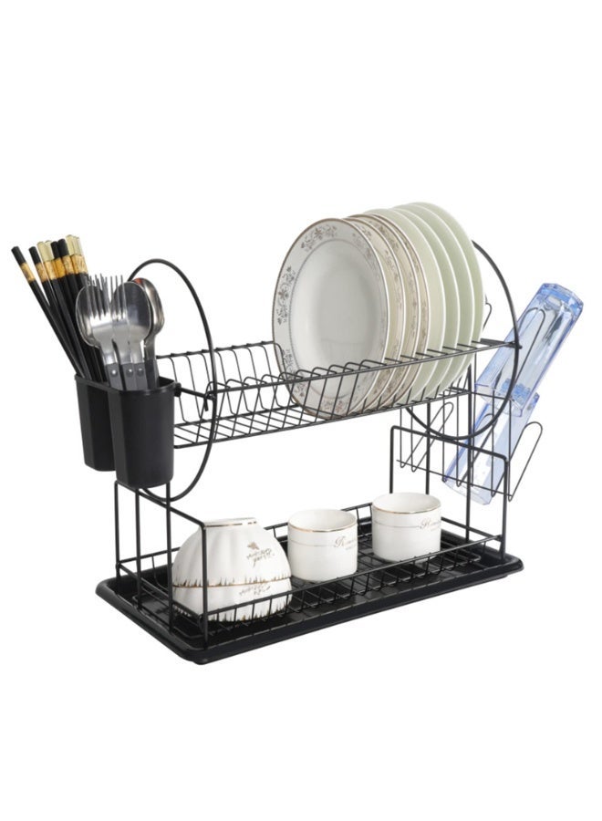 2-Tier Dish Rack with Tray - Matte Black | Drying Rack with Drainboard | Dish Holders for Cups, Wine Glasses & Plates | Utensils Cutlery Strainers | Storage Rack for Kitchen Counter Organization - Image 1