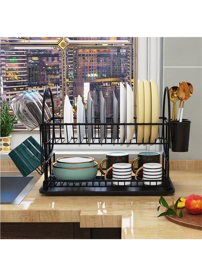 2-Tier Dish Rack with Tray - Matte Black | Drying Rack with Drainboard | Dish Holders for Cups, Wine Glasses & Plates | Utensils Cutlery Strainers | Storage Rack for Kitchen Counter Organization - Image 2