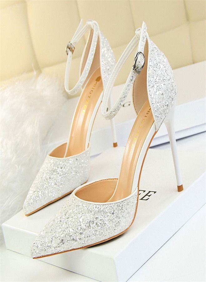 BIGTREE Shallow Pointed Metal High-Heeled Sandals 9.5CM White 