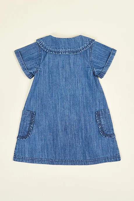 أر أند بي Washed Denim A-Line Dress with Round Neck and Short Sleeves
