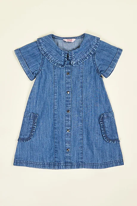 أر أند بي Washed Denim A-Line Dress with Round Neck and Short Sleeves