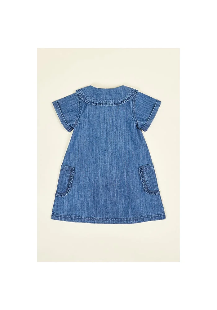أر أند بي Washed Denim A-Line Dress with Round Neck and Short Sleeves