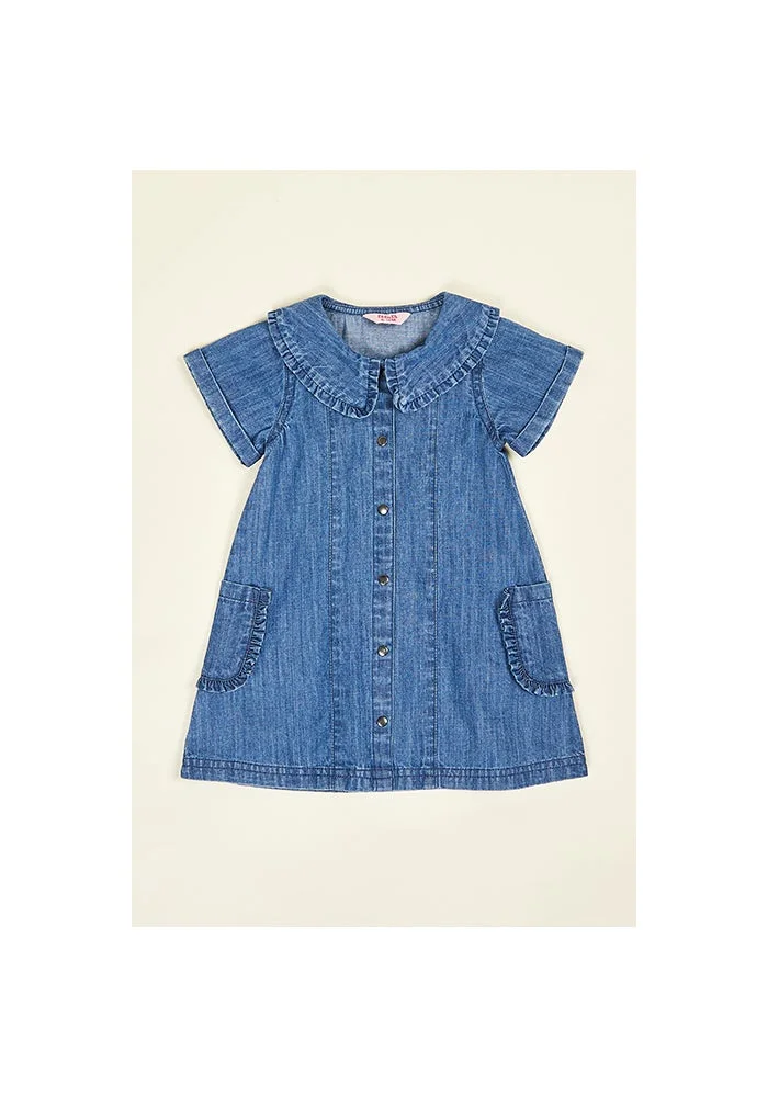 أر أند بي Washed Denim A-Line Dress with Round Neck and Short Sleeves