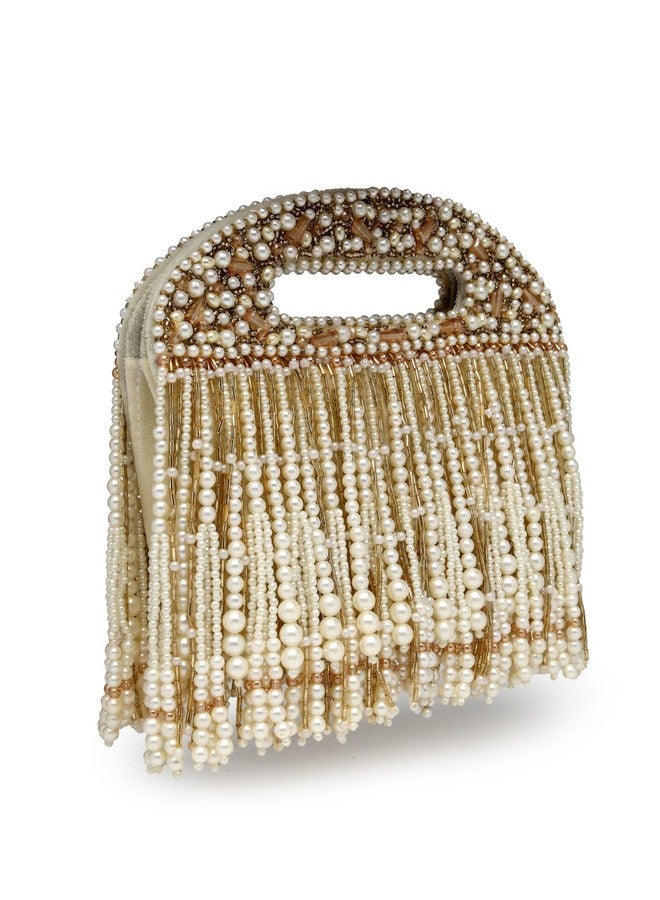 Anekaant Droop Off White & Champagne Gold Abstract Embellished Velvet Clutch - Image 4