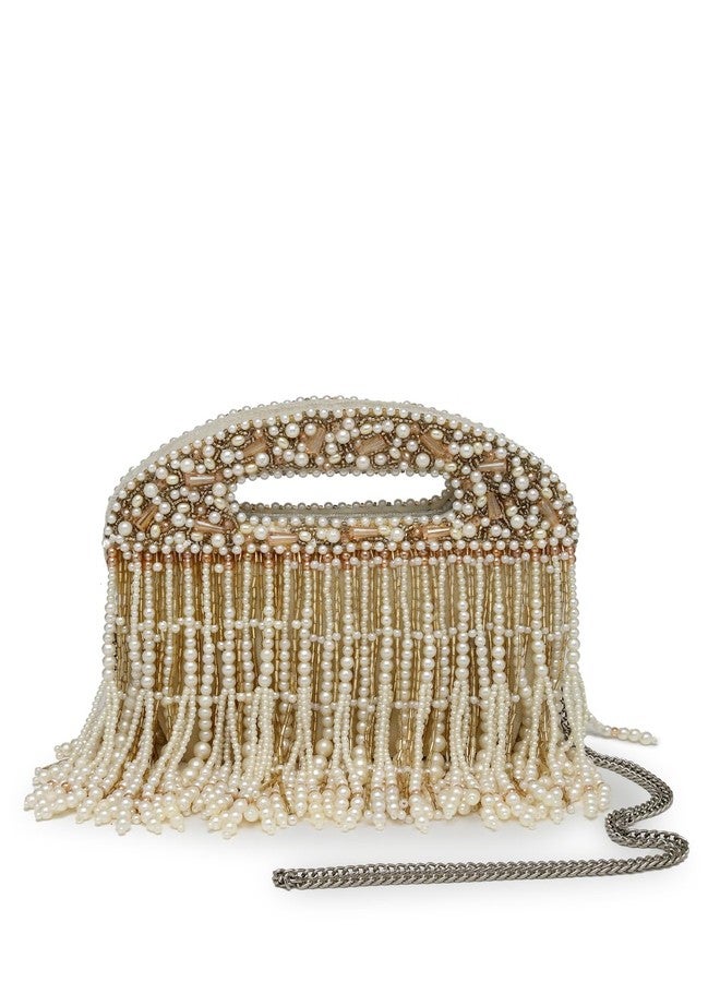 Anekaant Droop Off White & Champagne Gold Abstract Embellished Velvet Clutch - Image 1