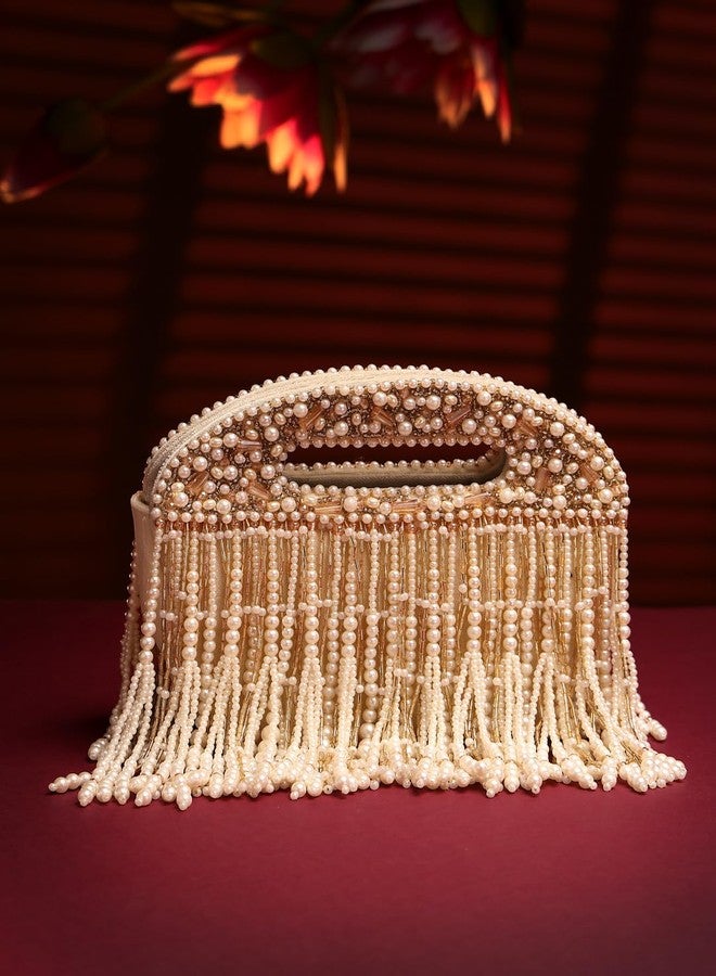 Anekaant Droop Off White & Champagne Gold Abstract Embellished Velvet Clutch - Image 3
