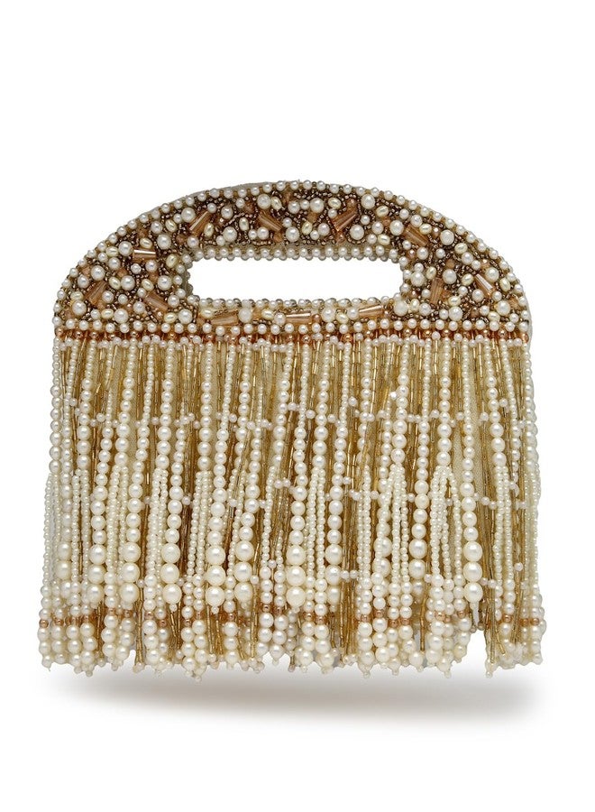 Anekaant Droop Off White & Champagne Gold Abstract Embellished Velvet Clutch - Image 5