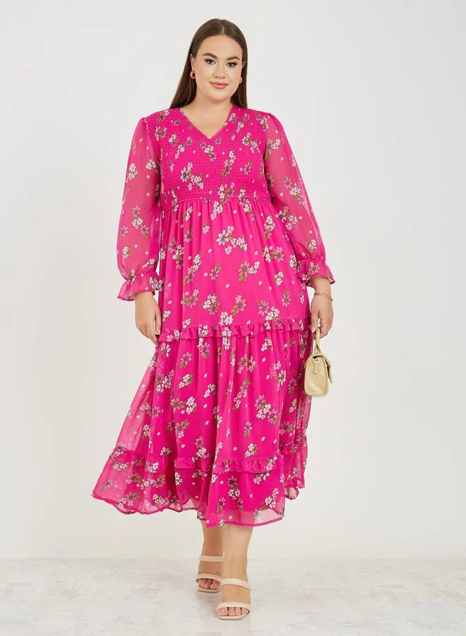 Styli Plus Floral Print Ruffle Detail A-Line Maxi Dress
