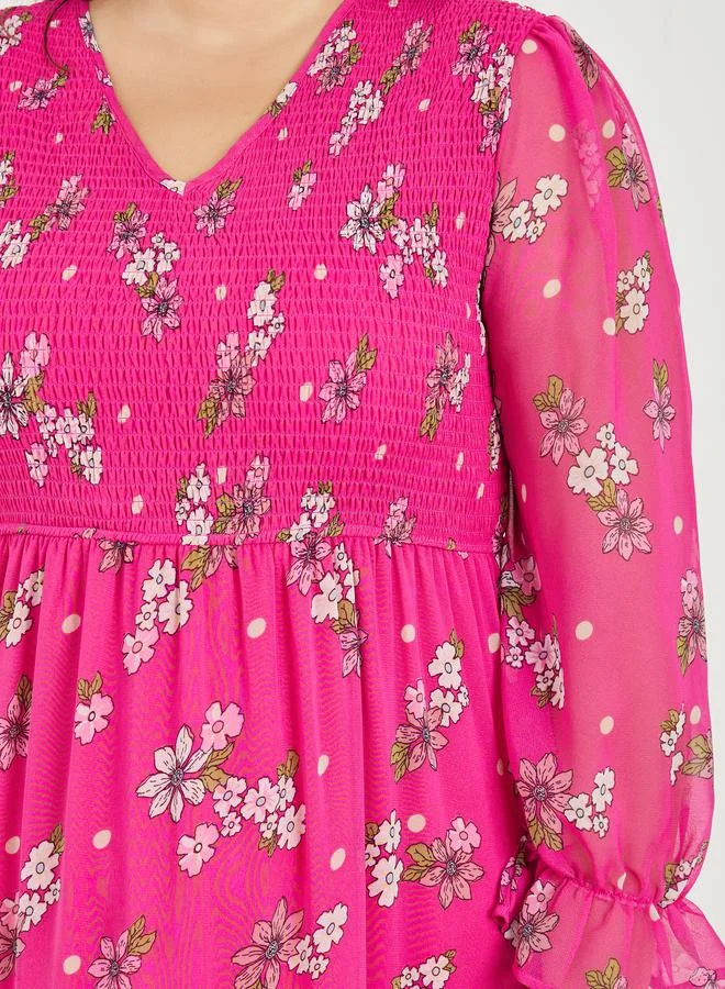 Styli Plus Floral Print Ruffle Detail A-Line Maxi Dress