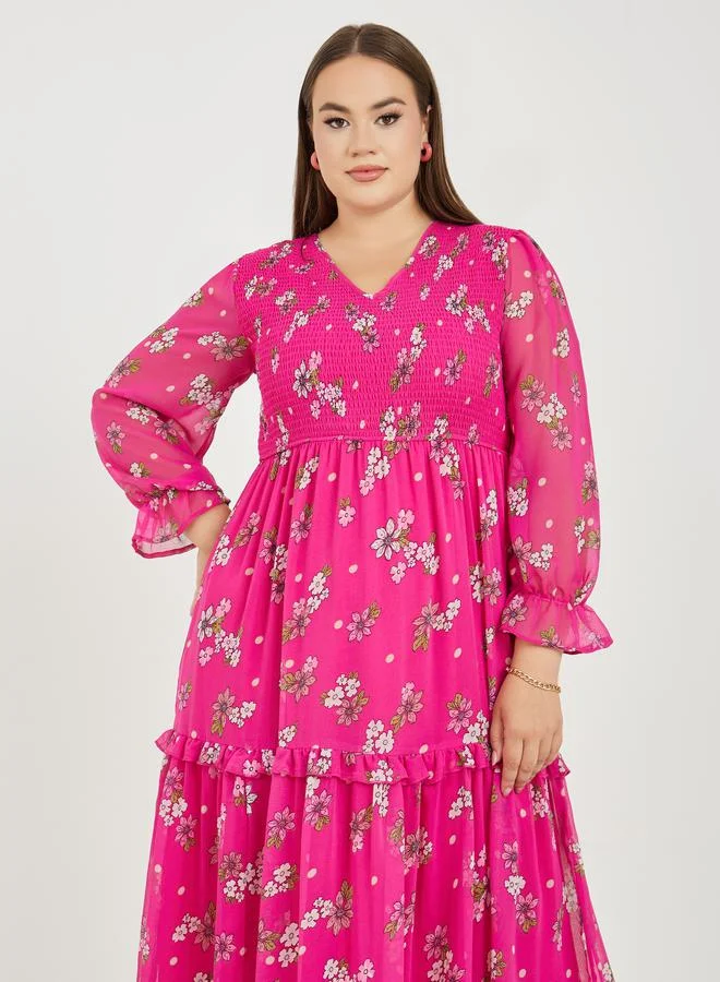 Styli Plus Floral Print Ruffle Detail A-Line Maxi Dress