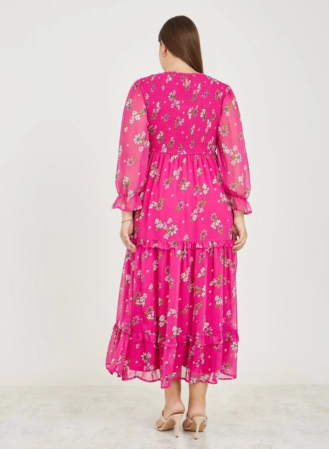 Styli Plus Floral Print Ruffle Detail A-Line Maxi Dress