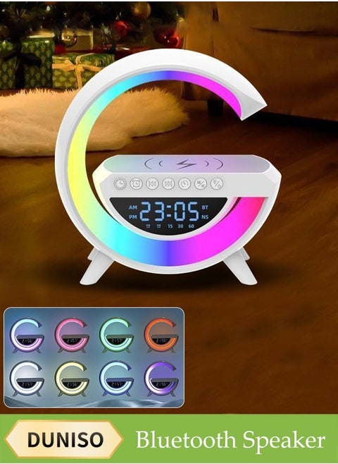 Multi Functional Bluetooth Speaker，Wireless Smart Bluetooth Speaker with LED Adjustable Ambience Light，4-in-1 Wireless Fast Charger, Bluetooth Speaker, Electronic Alarm Clock, and Multi-color Night Light