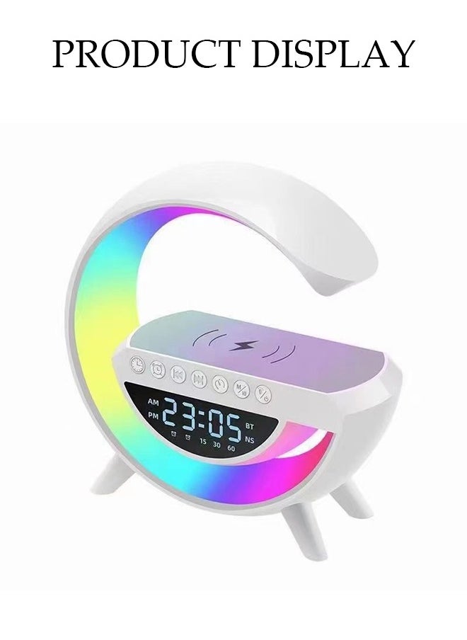 Multi Functional Bluetooth Speaker，Wireless Smart Bluetooth Speaker with LED Adjustable Ambience Light，4-in-1 Wireless Fast Charger, Bluetooth Speaker, Electronic Alarm Clock, and Multi-color Night Light