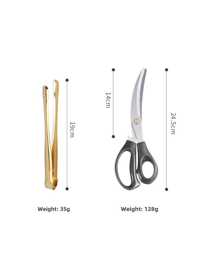 Japanese-style 304 Stainless Steel Barbecue Clip Golden Barbecue Clip Extended Food Clip Steak Clip BBQ Buffet Food Clip-Color:Bare Body Clip 19cm (gold) + Black Scissors - Image 1