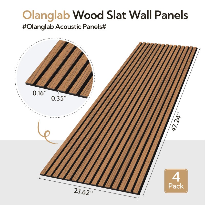 Olanglab Acoustic Wood Wall Panels 4 Pack, Sound Dampening Wood Slat Wall Panels 23.6" x 47.2", Cherry - Image 2