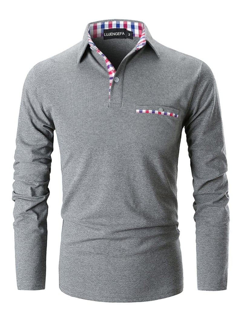 LUJENGEFA Mens Polo Shirts Long Sleeve Casual Plaid Collar Golf Shirt for Men Slim Fit Cotton Polo T Shirts Top A-Grey Small - Image 1